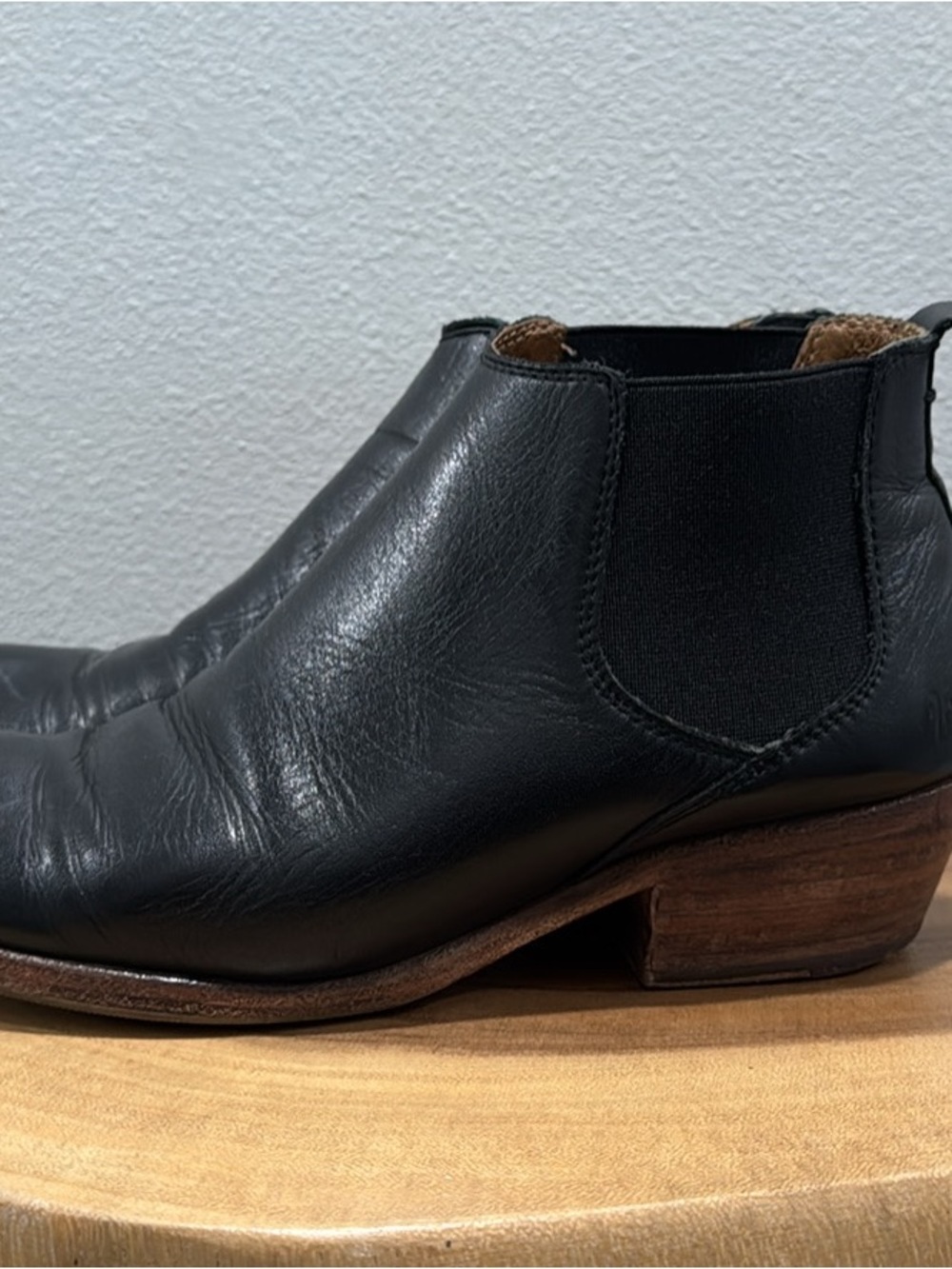 Frye Black Leather Chelsea Ankle Boot with Stacked Heel